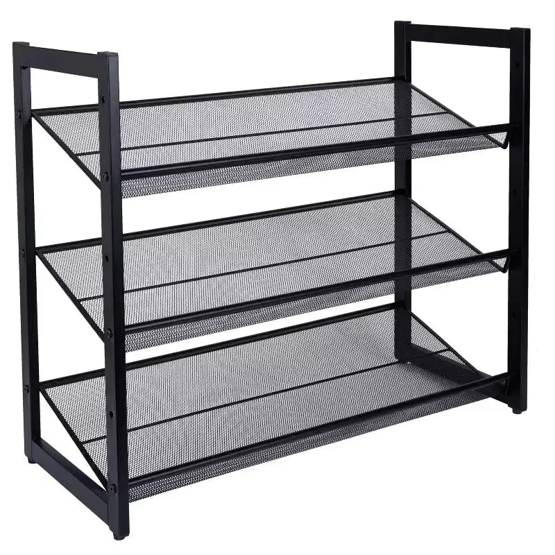 Organize It All Meuble de rangement à chaussures 3 niveaux en maille noire : Cadre en fer, capacité de 12 paires, autoportant, 73,7 cm L x 62 cm P x 30,5 cm H