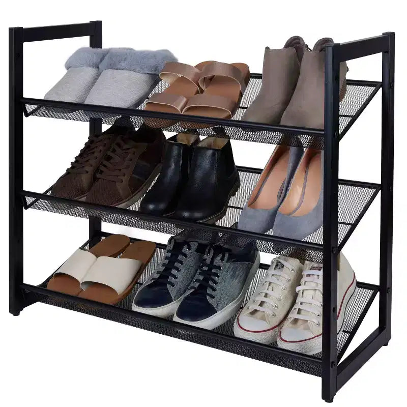 Organize It All Meuble de rangement à chaussures 3 niveaux en maille noire : Cadre en fer, capacité de 12 paires, autoportant, 73,7 cm L x 62 cm P x 30,5 cm H
