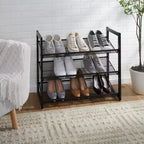 Organize It All Meuble de rangement à chaussures 3 niveaux en maille noire : Cadre en fer, capacité de 12 paires, autoportant, 73,7 cm L x 62 cm P x 30,5 cm H