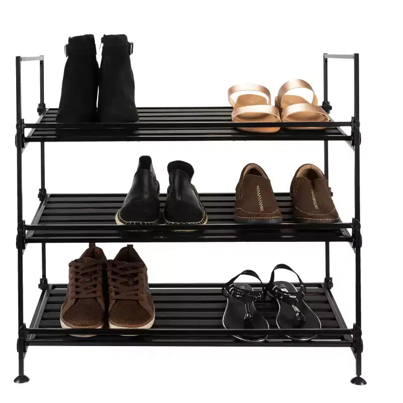 Organize It All Meuble à chaussures 3 niveaux Collection Résine : Cadre en métal, Meuble à chaussures autoportant, Contient 9 paires, Noir
