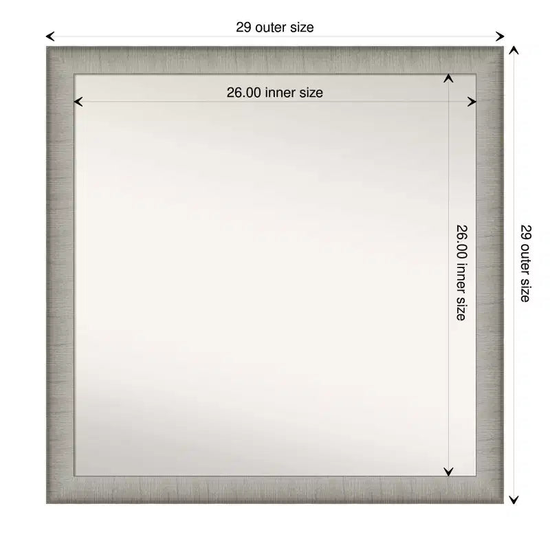 Miroir mural élégant et étroit de salle de bain 29" x 29" sans biseau étain brossé - Amanti Art : Carré, fixation murale, quincaillerie incluse