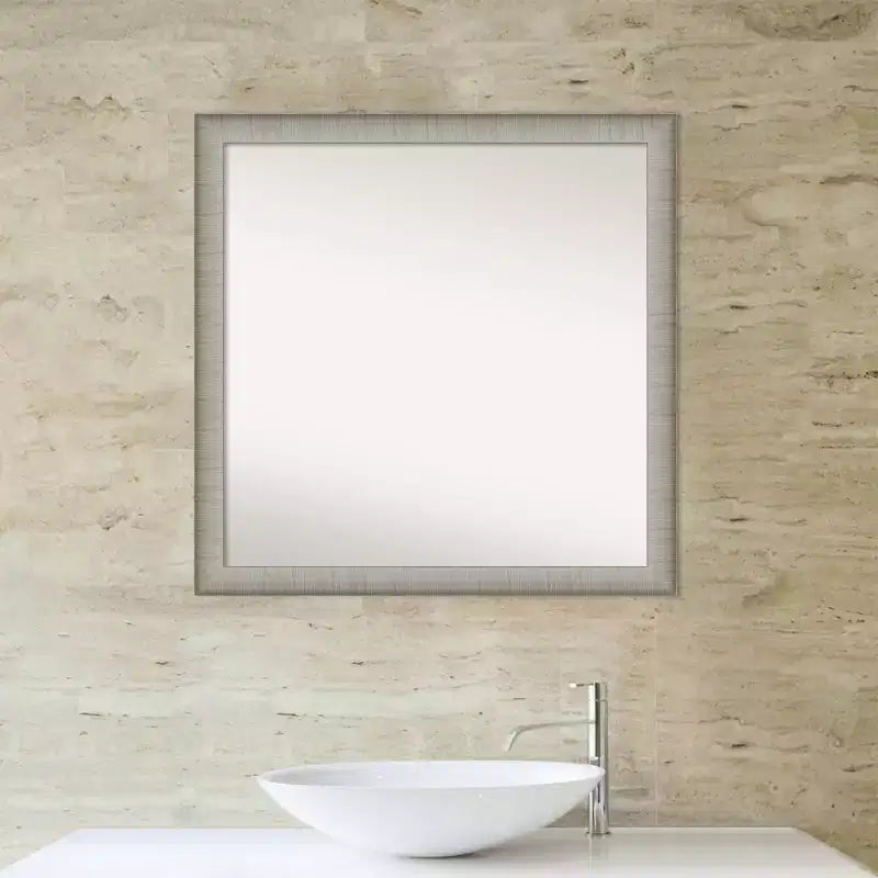 Miroir mural élégant et étroit de salle de bain 29" x 29" sans biseau étain brossé - Amanti Art : Carré, fixation murale, quincaillerie incluse