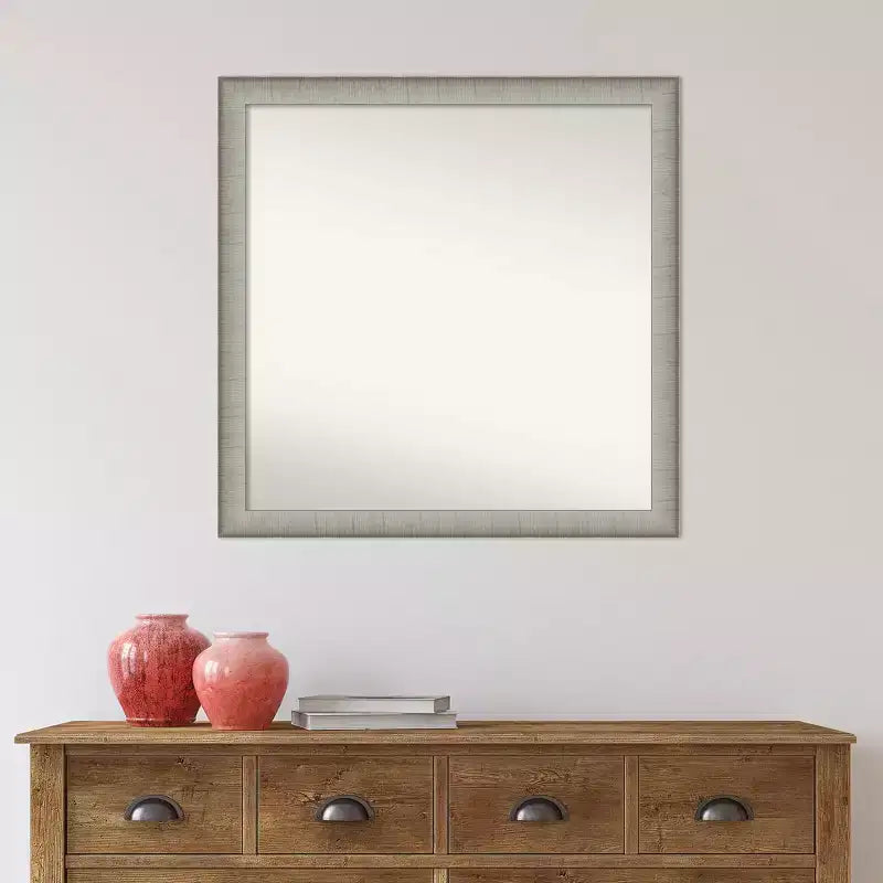 Miroir mural élégant et étroit de salle de bain 29" x 29" sans biseau étain brossé - Amanti Art : Carré, fixation murale, quincaillerie incluse