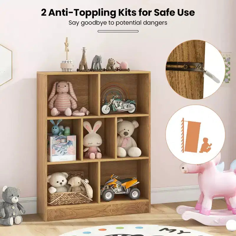 Bibliothèque Costway 7 cubes pour enfants, étagère de rangement en bois pour jouets, bibliothèque sur pied, marron/blanc