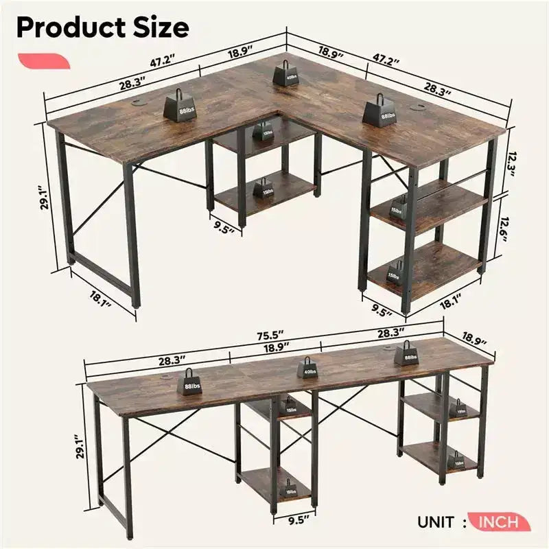 Bestier Bureau d'angle en forme de L de 47'', bureau d'ordinateur réversible avec étagères réglables, table d'étude pour 2 personnes, idéal pour les petits espaces de bureau à domicile