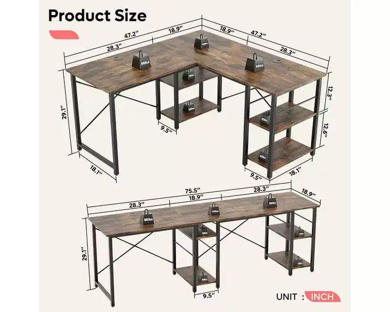 Bestier Bureau d'angle en forme de L de 47'', bureau d'ordinateur réversible avec étagères réglables, table d'étude pour 2 personnes, idéal pour les petits espaces de bureau à domicile