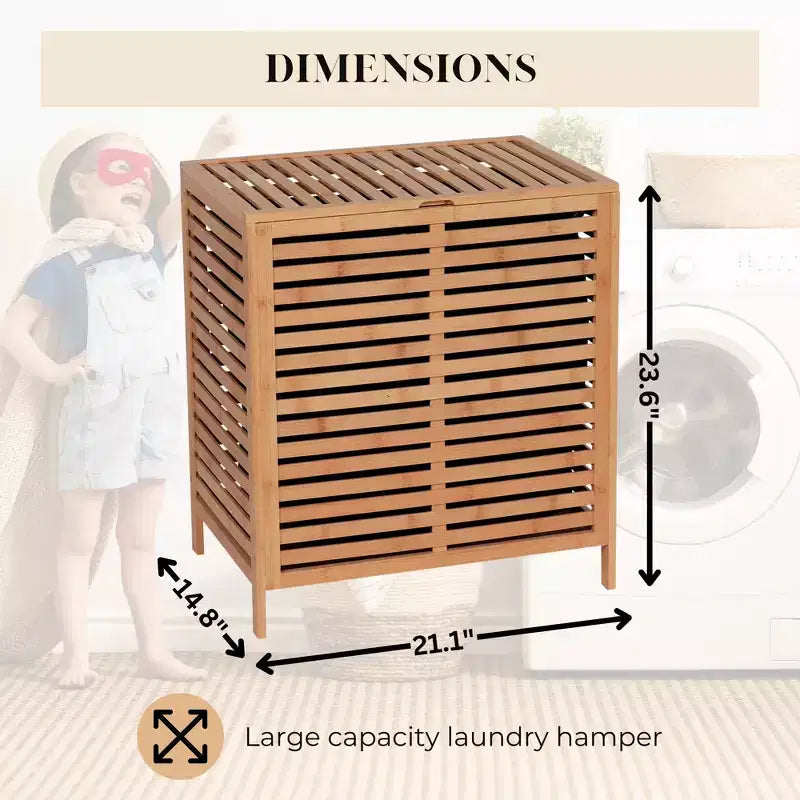 Evideco Panier à Linge en Bambou avec Couvercle, Sac Amovible, Ventilation à Lattes, Grand Panier de Rangement