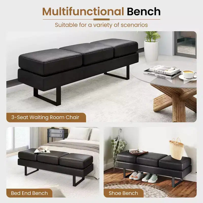 Banc de salle d'attente Costway avec pieds en métal, banc de réception rembourré noir/gris