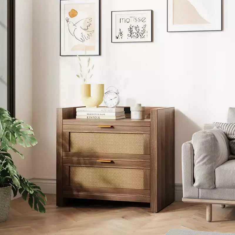 Ensemble de 2 tables de chevet, Tables de chevet modernes, Tables de nuit avec 2 tiroirs en rotin PE, Tables de chevet en rotin pour chambre à coucher et salon