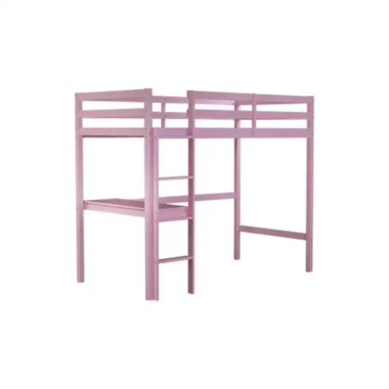 Lit mezzanine double surélevé, fabriqué en bois d'hévéa avec garde-corps sécurisé et bureau intégré.