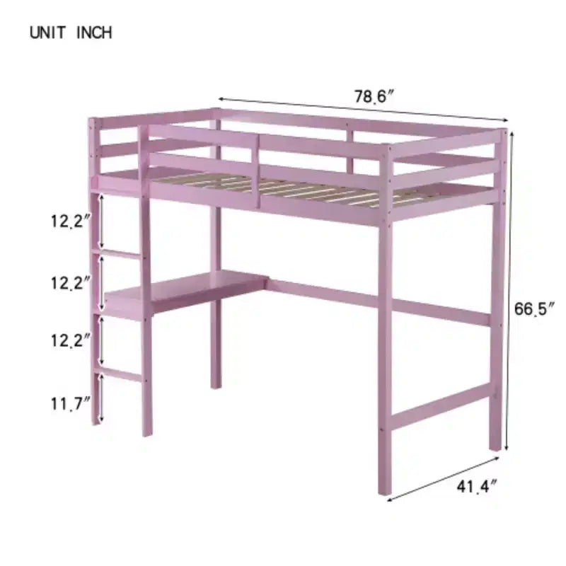 Lit mezzanine double surélevé, fabriqué en bois d'hévéa avec garde-corps sécurisé et bureau intégré.