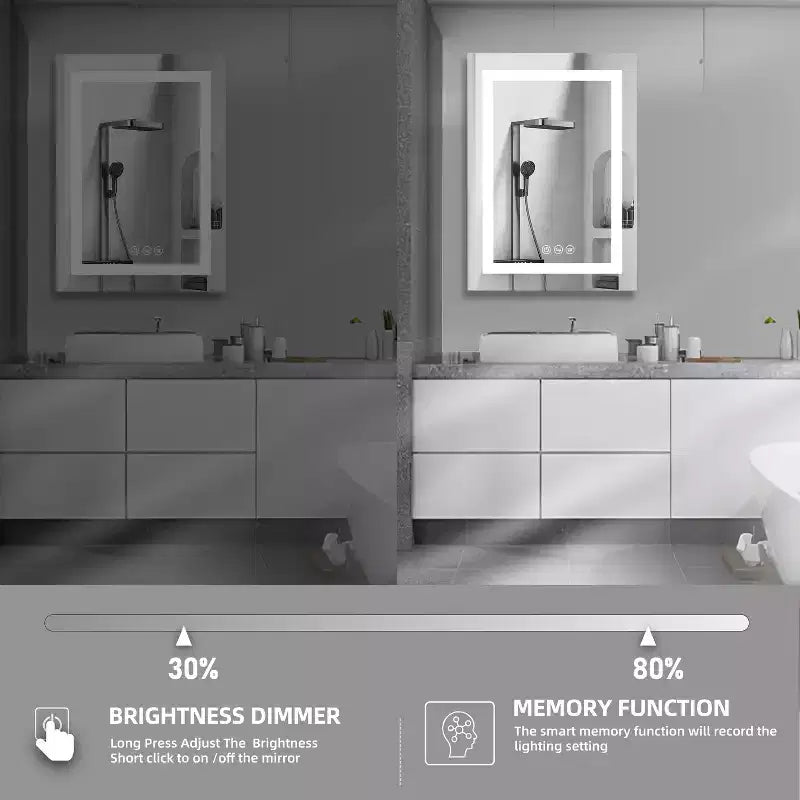 Meuble de salle de bain HBEZON avec miroirs et lumières, armoire murale éclairée, anti-buée, intensité réglable, aluminium, argent