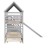 Lit superposé jumeau sur jumeau Whisen avec lit gigogne et toboggan, escalier de rangement, toit et design de fenêtre