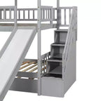 Lit superposé jumeau sur jumeau Whisen avec lit gigogne et toboggan, escalier de rangement, toit et design de fenêtre