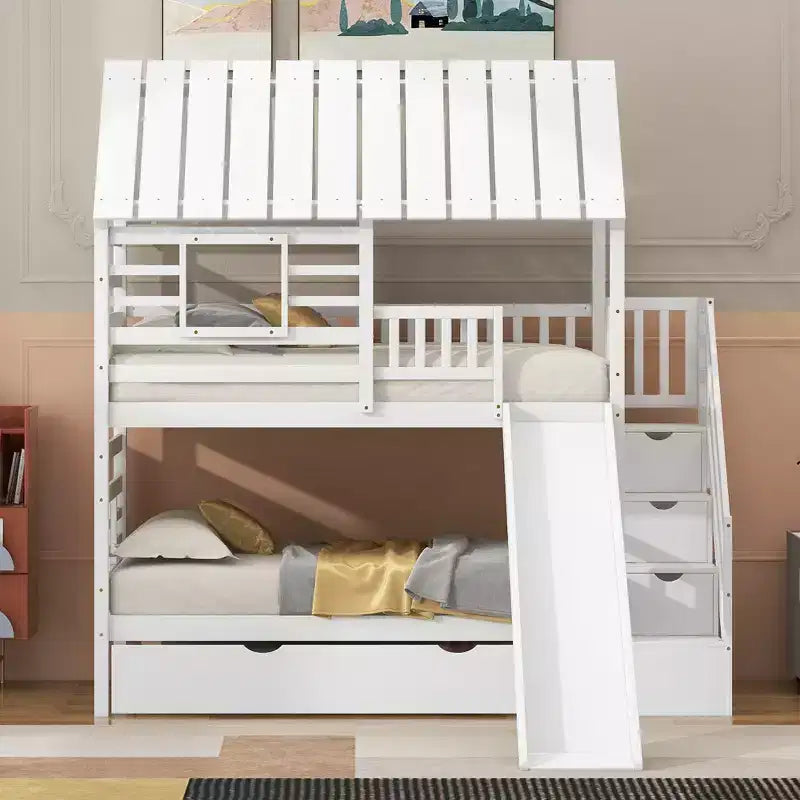 Lit superposé jumeau sur jumeau Whisen avec lit gigogne et toboggan, escalier de rangement, toit et design de fenêtre