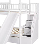 Lit superposé jumeau sur jumeau Whisen avec lit gigogne et toboggan, escalier de rangement, toit et design de fenêtre