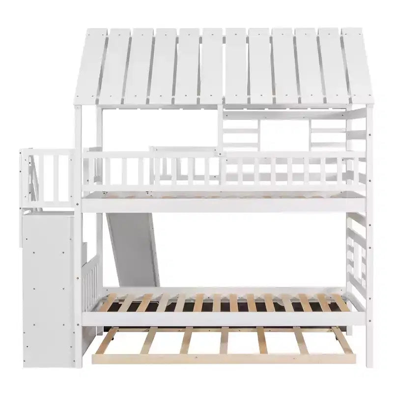 Lit superposé jumeau sur jumeau Whisen avec lit gigogne et toboggan, escalier de rangement, toit et design de fenêtre