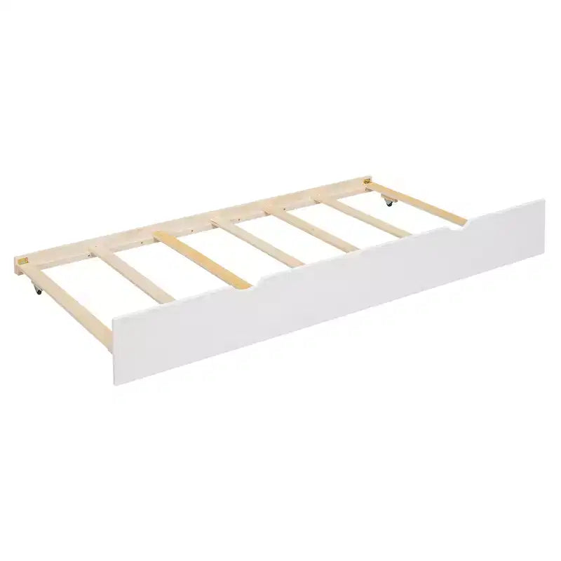 Lit superposé jumeau sur jumeau Whisen avec lit gigogne et toboggan, escalier de rangement, toit et design de fenêtre