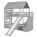 Lit superposé jumeau sur jumeau Whisen avec lit gigogne et toboggan, escalier de rangement, toit et design de fenêtre