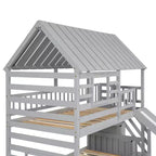 Lit superposé jumeau sur jumeau Whisen avec lit gigogne et toboggan, escalier de rangement, toit et design de fenêtre