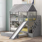 Whisen Twin over Twin House Bunk Bed with Trundle and Slide, Storage Staircase, Roof and Window Design