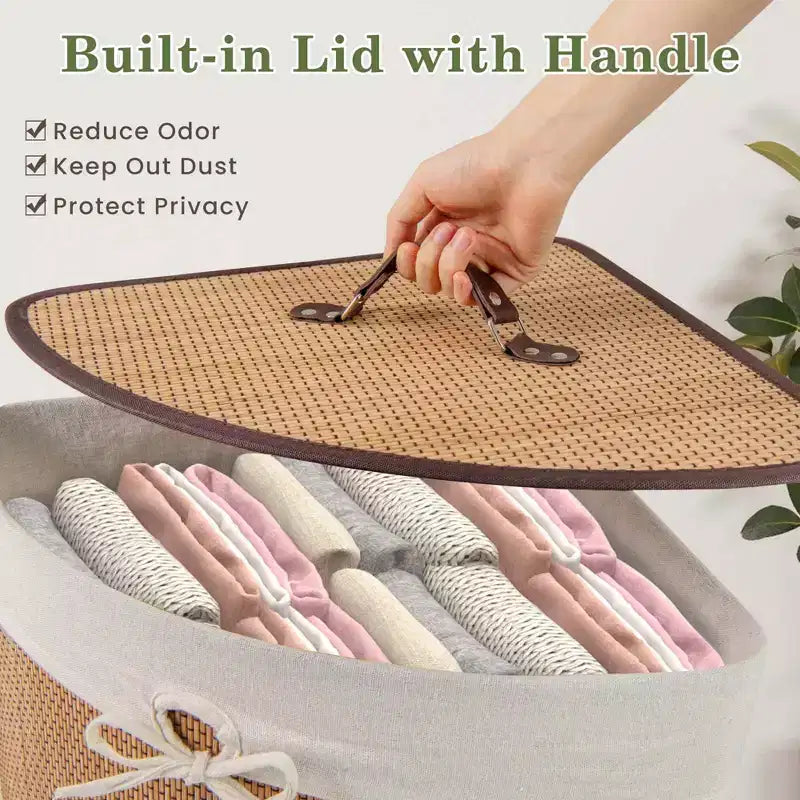 Costway Panier à Linge d'Angle en Bambou, Sac de Rangement, Poubelle en Tissu de Bambou