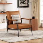Chaise Mid-Century Moderne : Cuir synthétique marron, Structure en métal, Accoudoirs en bois - pour Salon, Chambre, Bureau