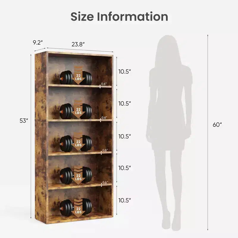 FIRNEWST Étagère Industrielle à 5 Niveaux, Bibliothèque Ouverte de 135 cm de Haut sur Pied pour un Rangement Ample - Conception Robuste et Rustique