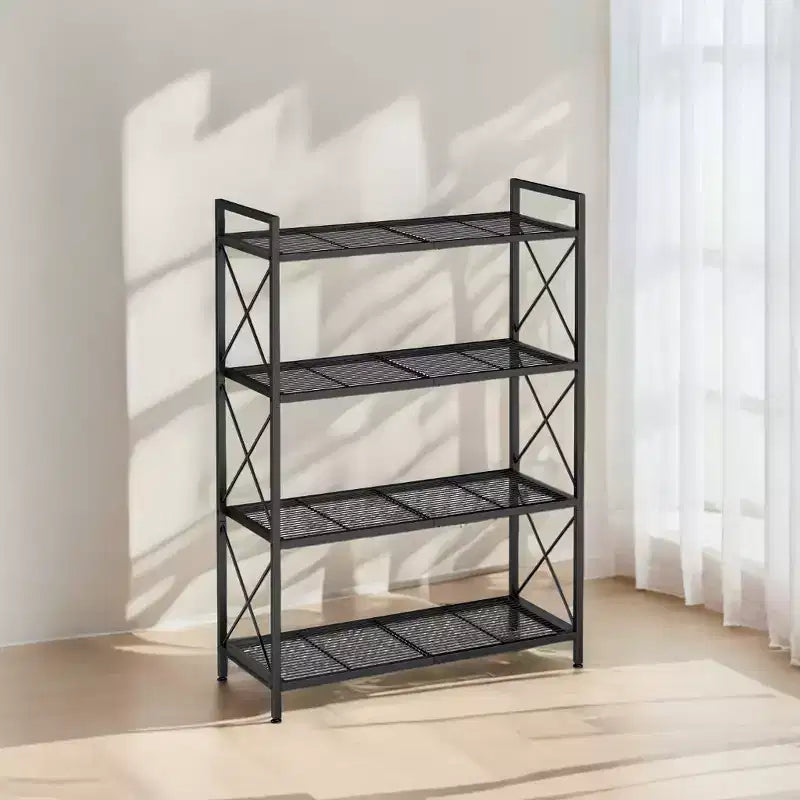 Étagère de rangement en métal à 4 niveaux noir encre LEDREM avec cadres latéraux en X et maille dense, dimensions 32 x 80 x 112,5 cm. Étagère de style industriel idéale