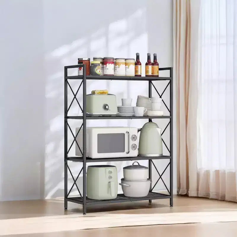 Étagère de rangement en métal à 4 niveaux noir encre LEDREM avec cadres latéraux en X et maille dense, dimensions 32 x 80 x 112,5 cm. Étagère de style industriel idéale