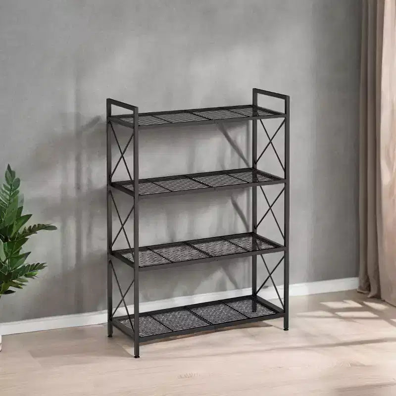 Étagère de rangement en métal à 4 niveaux noir encre LEDREM avec cadres latéraux en X et maille dense, dimensions 32 x 80 x 112,5 cm. Étagère de style industriel idéale