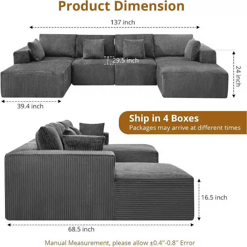 Canapé modulable en U 137 Sectionnel Nuage Moderne avec méridienne, tissu côtelé, aucun assemblage requis
