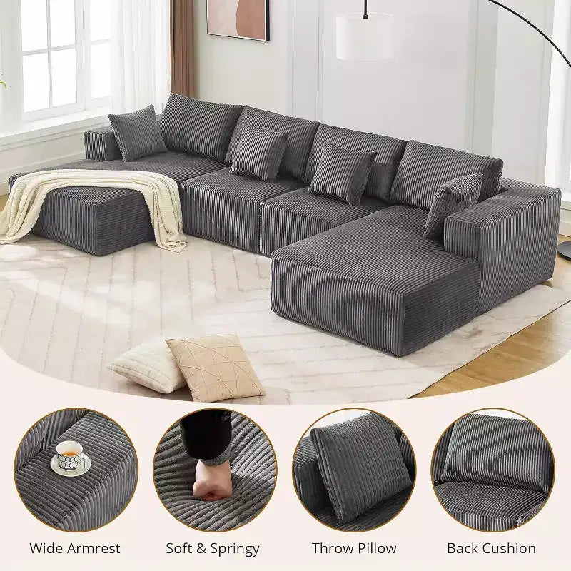 Canapé modulable en U 137 Sectionnel Nuage Moderne avec méridienne, tissu côtelé, aucun assemblage requis