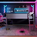 Lit mezzanine gaming double/complet, cadre en bois avec bureau et LED, gris - ModernLuxe