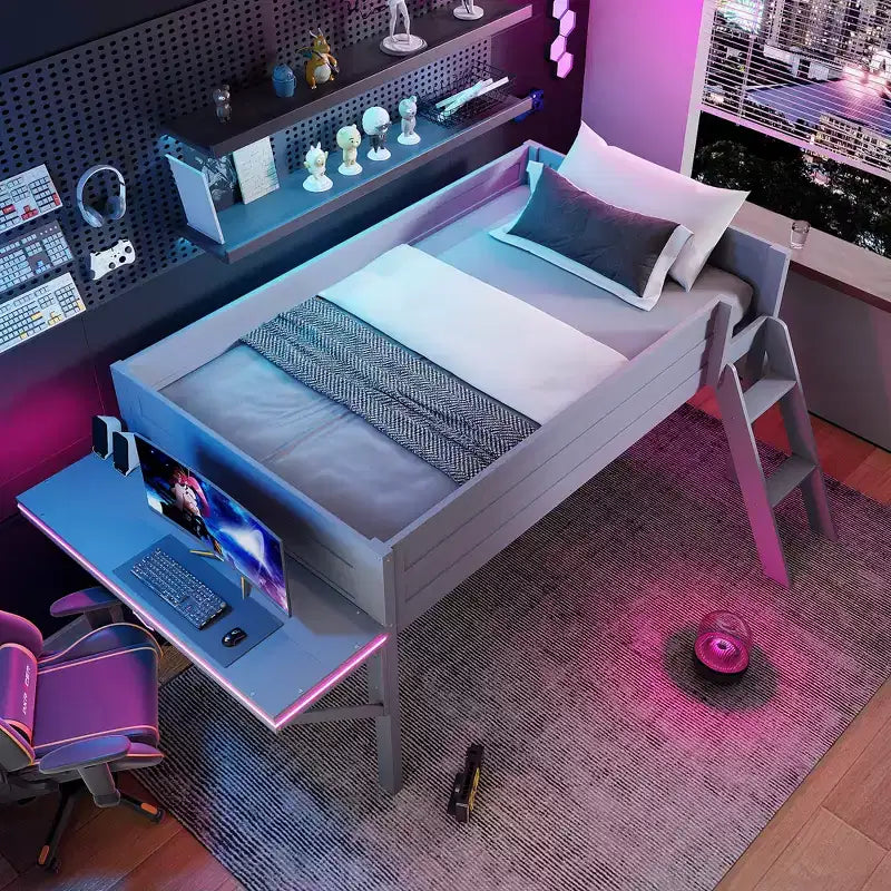 Lit mezzanine gaming double/complet, cadre en bois avec bureau et LED, gris - ModernLuxe
