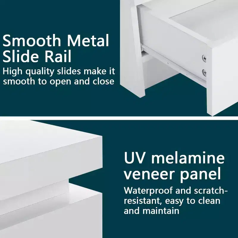 Table de Chevet Hommpa LED Moderne Haute Brillance avec 2 Tiroirs