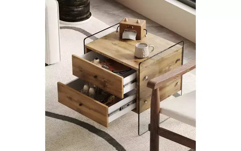 Table de chevet GDFStudio Reg 19 en verre avec tiroir en bois