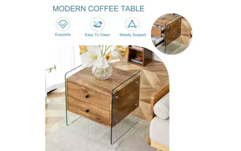 Table de chevet GDFStudio Reg 19 en verre avec tiroir en bois