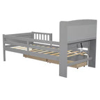 Lit plateforme double Whisen en bois avec lumière DEL intégrée, tête de lit multifonctionnelle, garde-corps et tiroirs