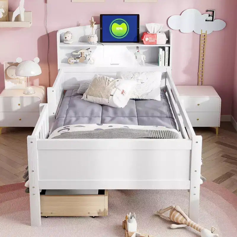 Lit plateforme double Whisen en bois avec lumière DEL intégrée, tête de lit multifonctionnelle, garde-corps et tiroirs