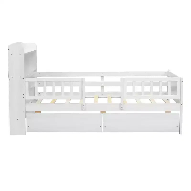 Lit plateforme double Whisen en bois avec lumière DEL intégrée, tête de lit multifonctionnelle, garde-corps et tiroirs