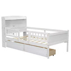 Lit plateforme double Whisen en bois avec lumière DEL intégrée, tête de lit multifonctionnelle, garde-corps et tiroirs