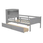 Lit plateforme double Whisen en bois avec lumière DEL intégrée, tête de lit multifonctionnelle, garde-corps et tiroirs
