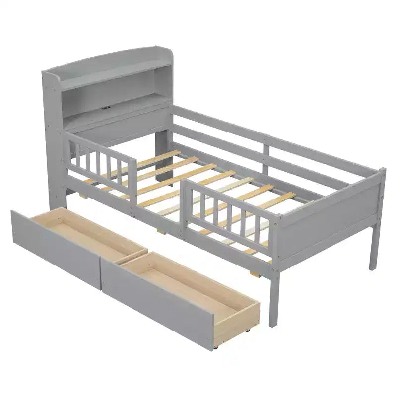 Lit plateforme double Whisen en bois avec lumière DEL intégrée, tête de lit multifonctionnelle, garde-corps et tiroirs