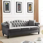 Canapé 3 places Chesterfield en velours gris pour salon, canapé capitonné avec accoudoirs roulés et clous décoratifs pour salon
