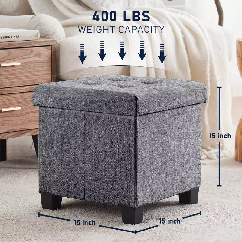 Pouf de rangement carré en lin Ornavo Home de 38 cm avec pieds