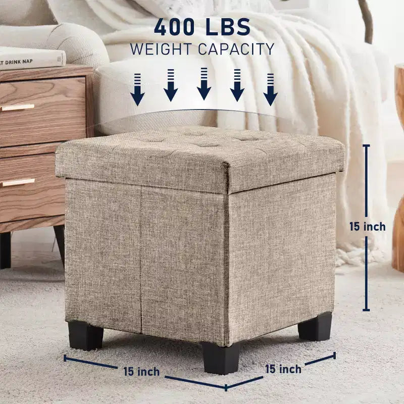 Pouf de rangement carré en lin Ornavo Home de 38 cm avec pieds