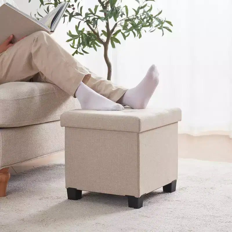 Pouf de rangement carré en lin Ornavo Home de 38 cm avec pieds