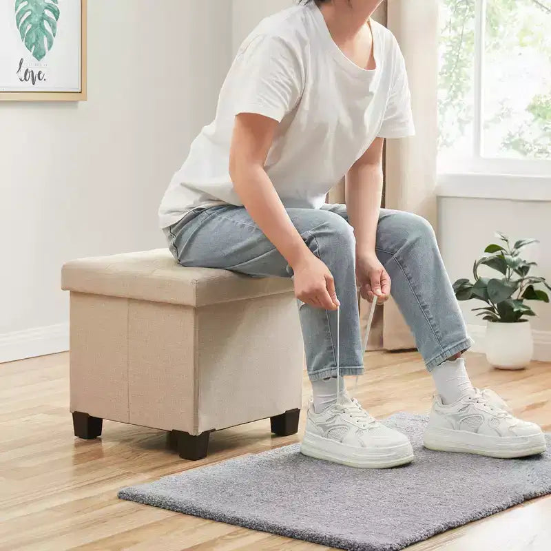 Pouf de rangement carré en lin Ornavo Home de 38 cm avec pieds