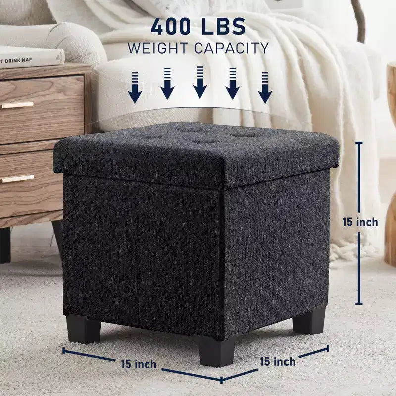Pouf de rangement carré en lin Ornavo Home de 38 cm avec pieds